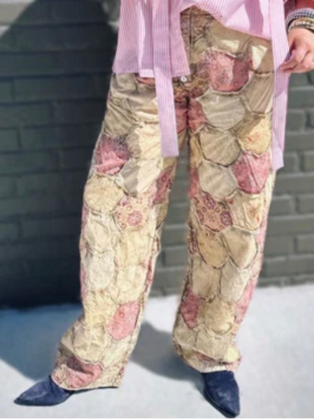Patchwork Floral Wide-Leg Pants in Cream & Pink